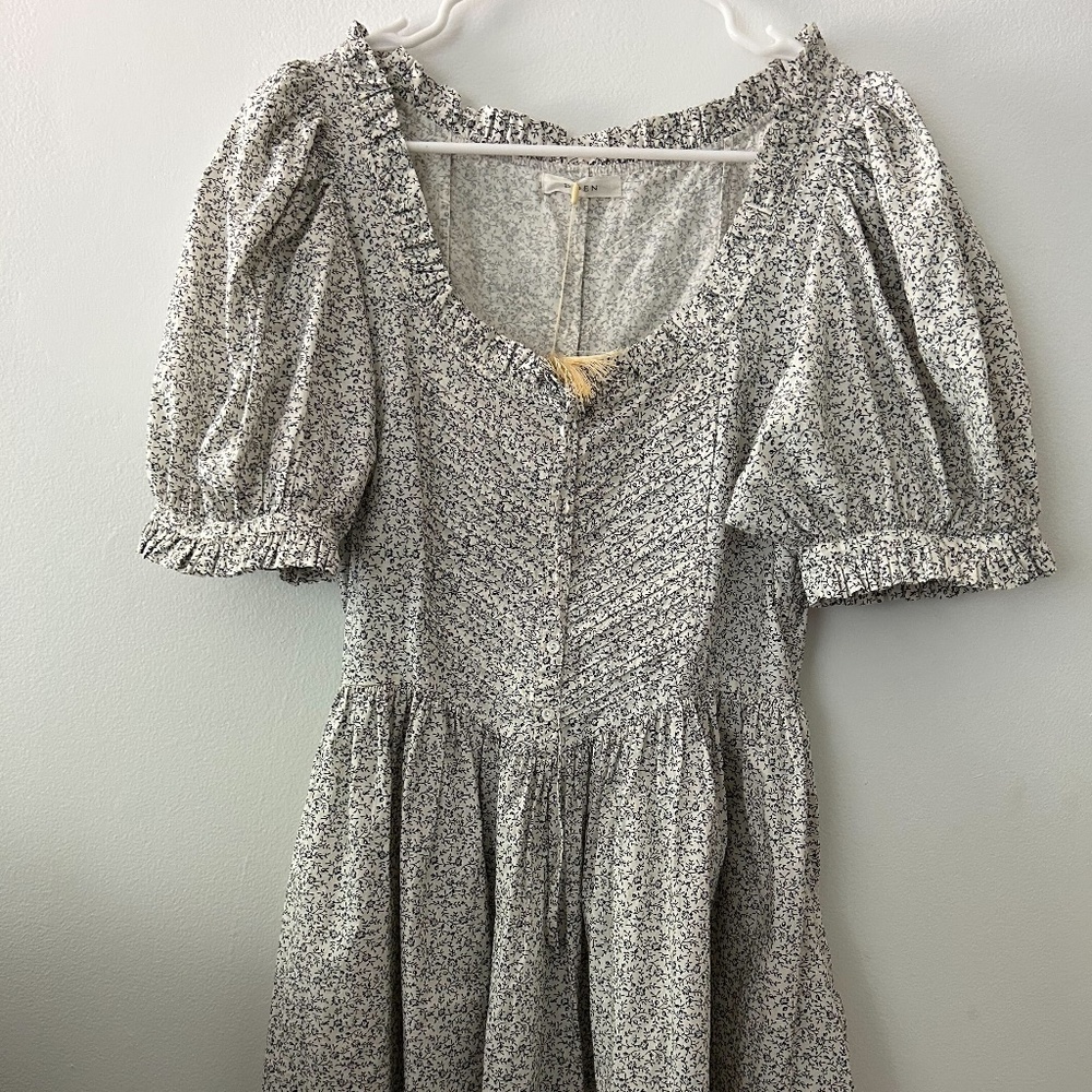 Doen Puff Sleeve Mini Dress, Blue and White, Size Medium NWT